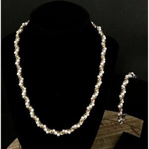 Vintage Twisted Rope Gold Tone Faux Pearl Necklace & Bracelet Set Unbranded